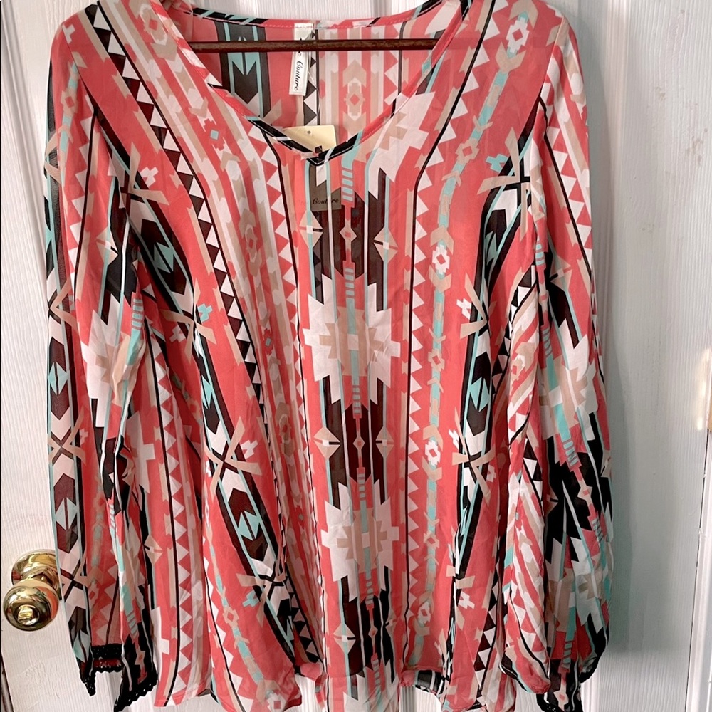 NWT | 2tee Couture Unique Flared Sleeve Aztec Print Tunic | Size S